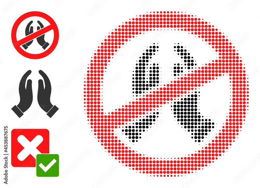 Poster halftone stop praying hands. dotted stop praying hands made with small circle dots. vector illustrat