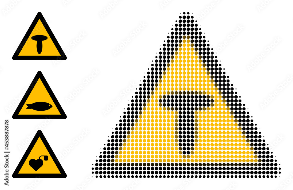 Poster halftone mushroom warning. dotted mushroom warning generated with small round dots. vector illustrat