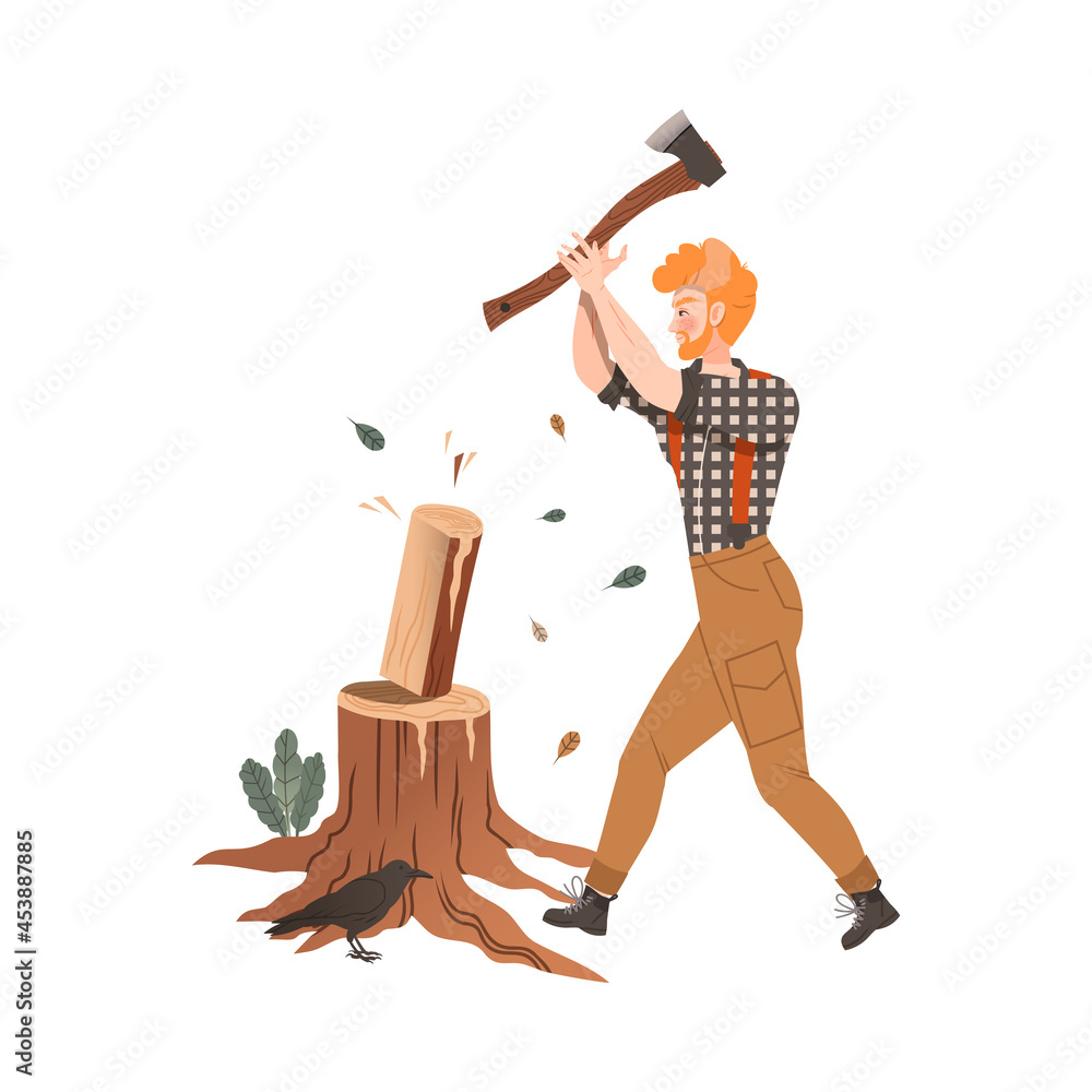 Wall mural Redhead Bearded Woodman or Lumberman in Checkered Shirt and Sling Pants Chopping Wood with Ax on Tree Stump Vector Illustration