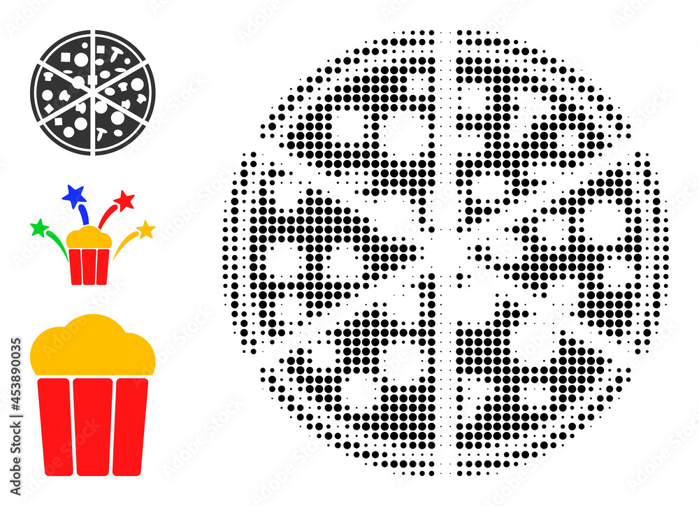 Poster halftone pizza portions. dotted pizza portions designed with small circle pixels. vector illustratio