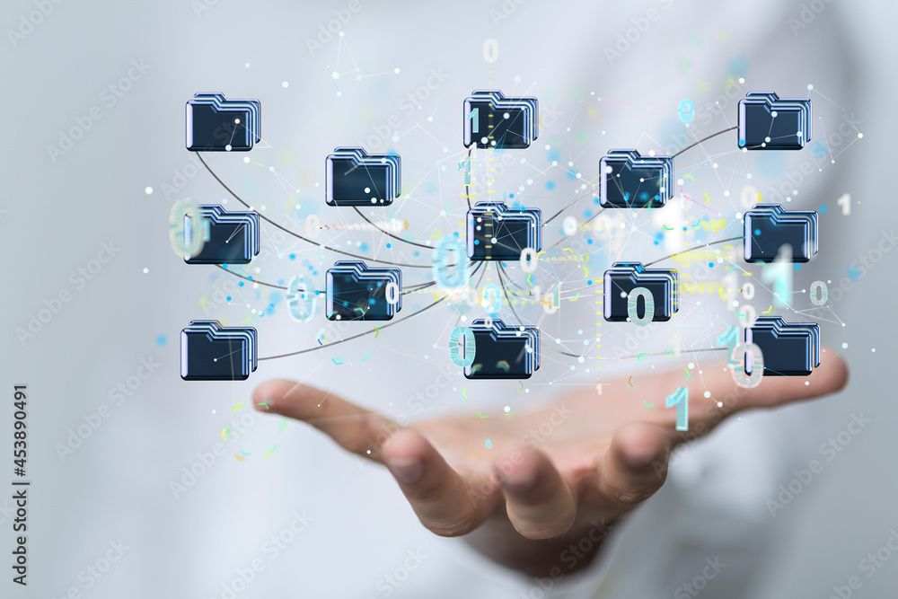 Aufkleber Augmented Analytics Data cloud storage network from lines, triangles and particle style design. Illustration