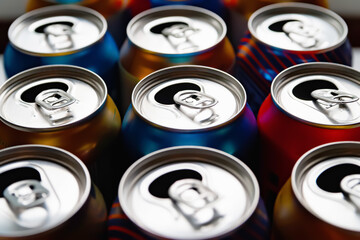 Beer cans. Aluminum cans. Close-up of a lot of empty cans. Recycling and reuse. Selective focus.