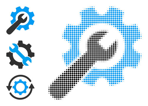 Halftone wrench with gear. Dotted wrench with gear constructed with small round dots. Vector illustration of wrench with gear icon on a white background. Halftone array contains round dots.