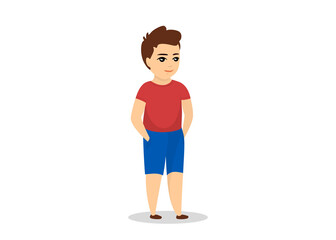 Fototapeta na wymiar Boy stands and smiles in blue shorts and red t-shirt. Vector isolated eps illustration