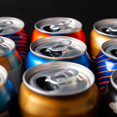 Beer cans. Aluminum cans. Close-up of many multicolored open empty cans. Recycling and reuse. Selective focus.