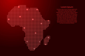 Africa map silhouette from red mosaic structure squares and glowing stars. Vector illustration.