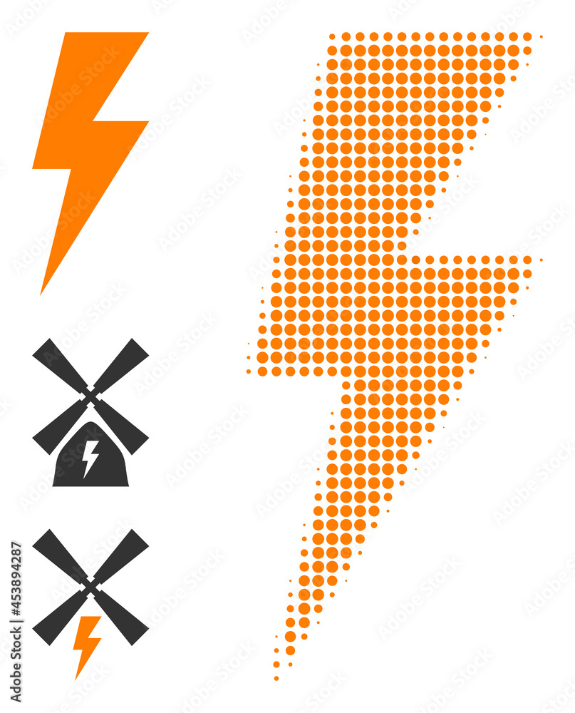 Poster halftone electric spark. dotted electric spark designed with small circle pixels. vector illustratio