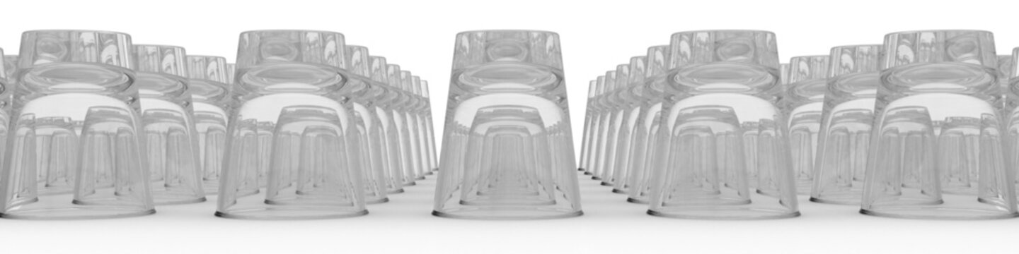 Rows of Single Shot Glasses 3d rendered from the front as a background or illustration and isolated on a white background.