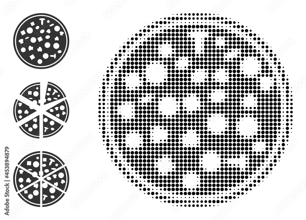 Poster halftone full pizza. dotted full pizza designed with small round dots. vector illustration of full p