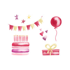 Set of watercolor birthday greetings card design. Vector illustration.