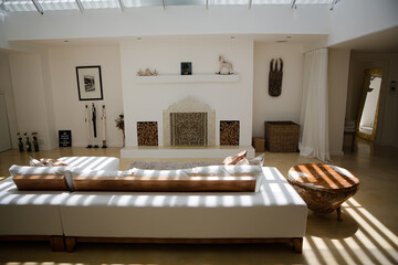 Sofa and fireplace in modern living room