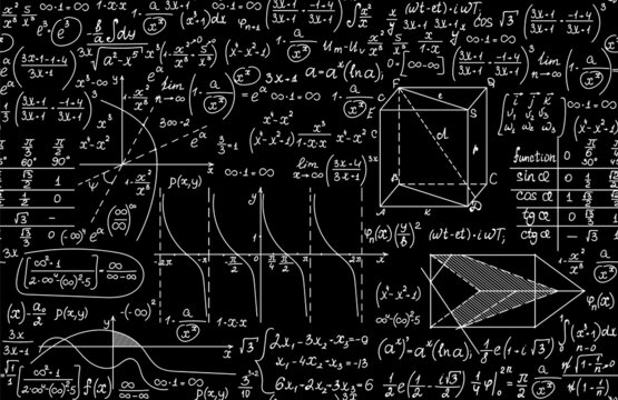 Math vector seamless pattern with handwritten mathematical formulas, calculations, figures, chalk writings on blackboard