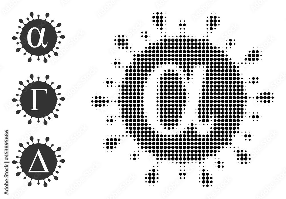 Poster halftone alpha covid virus. dotted alpha covid virus constructed with small round dots. vector illus