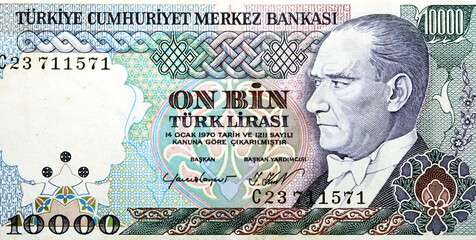 Obverse side of 10000 ten thousand Turkish lira banknote currency year 1989 Issued by central bank...