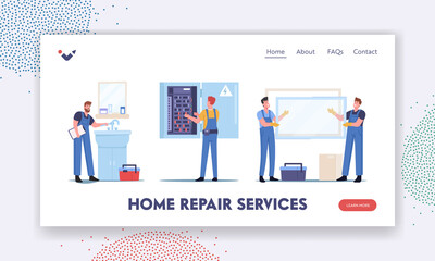 Home Repair Services Landing Page Template. Handyman Fixing Sink in Bathroom, Workers Characters Install Window