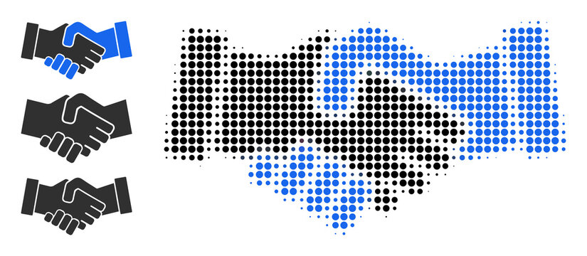 Halftone business hands. Dotted business hands made with small spheric pixels. Vector illustration of business hands icon on a white background. Halftone array contains circle pixels.