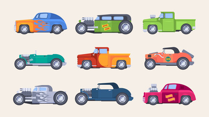 Fototapeta premium Classic cars. Vintage tuning vehicles colored cars old style models fast movements garish vector illustrations set