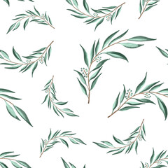 Seamless pattern with green leaves, vector illustration in vintage watercolor style.