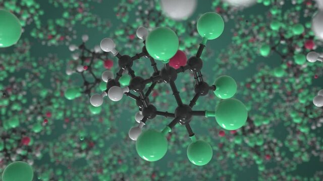 Endrin molecule made with balls, conceptual molecular model. Chemical looping 3d animation