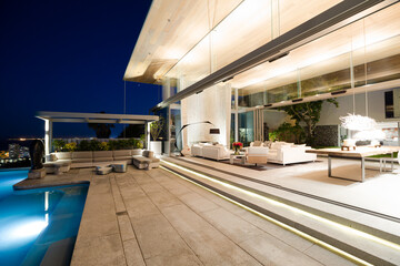Illuminated patio of modern house