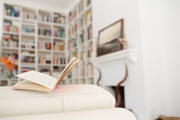 Open book on arm of sofa in living room
