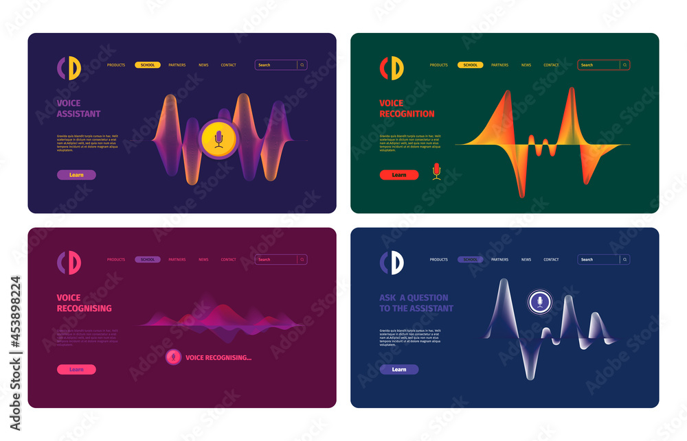 Poster audio assistant. sound waves and microphones colored landing pages templates collection mobile digit