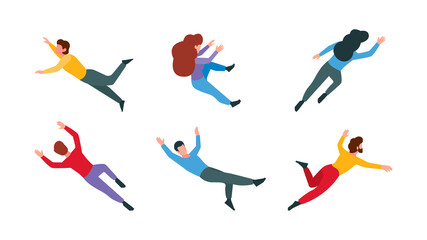 Flying people. Crazy levitation freedom outdoors characters dreams concept attracting persons woman garish vector flat collection