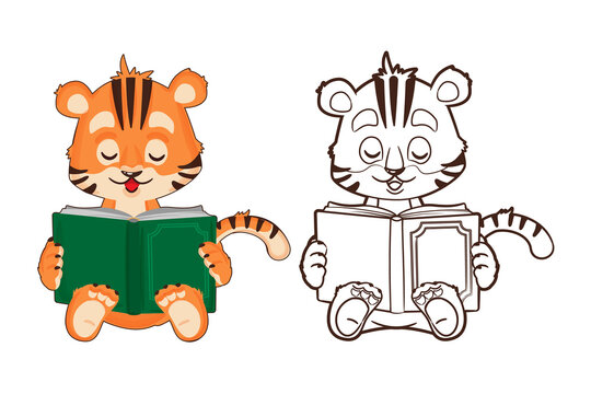 Coloring book: tiger cub holds a book in his hand. Vector, illustration in cartoon style, black and white lineart