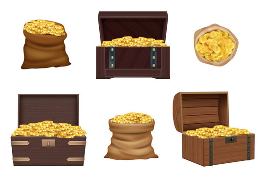 Open pirate chest. Wooden realistic vintage chest and textile sack full of golden coins money and treasures decent vector 3d illustrations collection