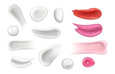 Cream cosmetic smears. White creamy and lipstick elements. Isolated gel, yogurt vector realistic stroke