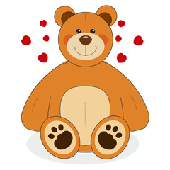 Vector illustration. Cute enamored Bear toy. On white background. Teddy bear with heart . 