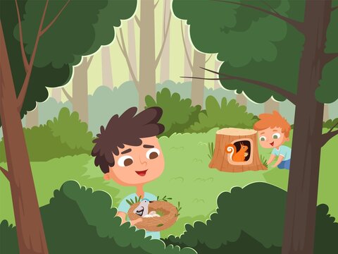 Boys in forest. Wildlife adventures, teens with animals on nature. Bird nest and squirrel, happy kids camping vector illustration
