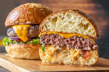 Burgers on the wooden board