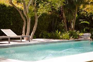 Lawn chairs and swimming pool in backyard