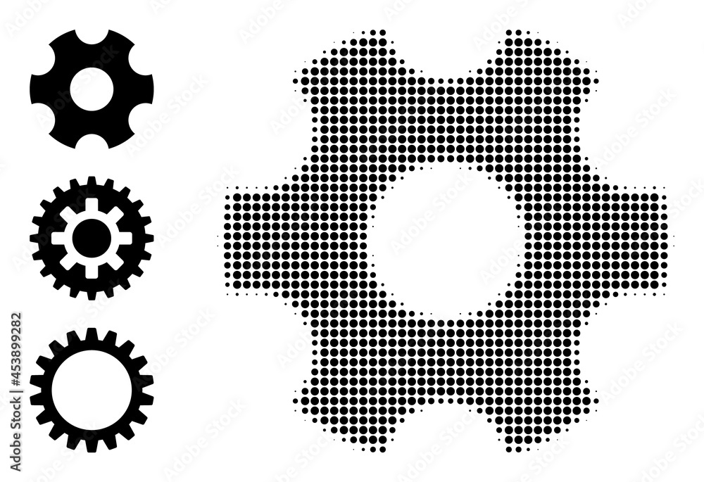 Wall mural Halftone gearwheel. Dotted gearwheel constructed with small spheric dots. Vector illustration of gearwheel icon on a white background. Halftone pattern contains circle dots.