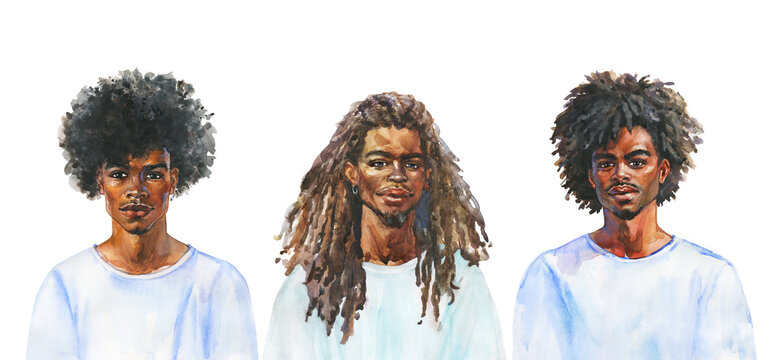 Hand drawn young handsome African men with different hairstyles, long and short hair. Watercolor realistic set of portraits on white background. Painting fashion illustration.