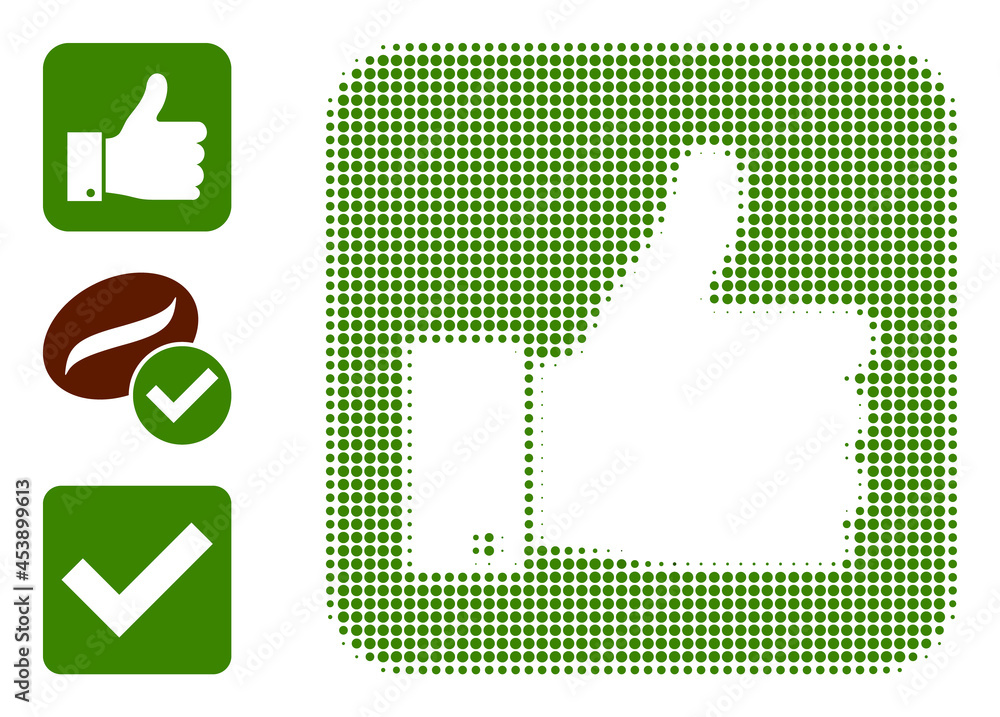 Poster halftone thumb positive. dotted thumb positive generated with small round pixels. vector illustratio