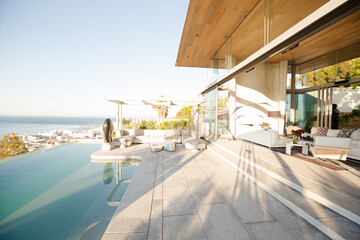 Infinity pool and patio of modern house