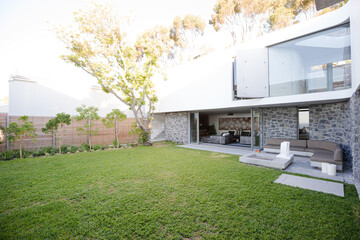 Green lawn in modern backyard