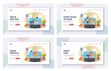 Happy Family at Home Landing Page Template Set. People Watching TV and Eating Pizza, Kids and Parents Characters Day Off