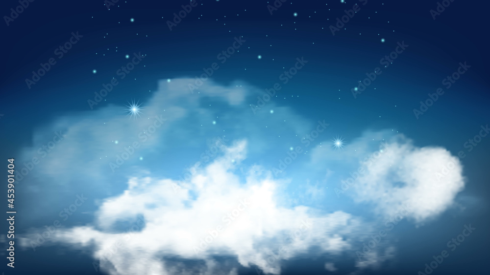 Wall mural night starry sky with flying fluffy clouds vector. beautiful atmospheric clouds and glowing stars na