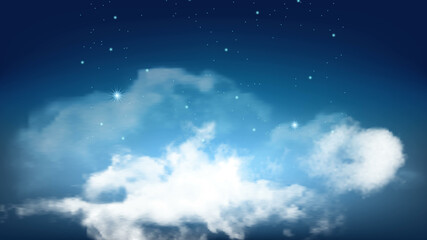 Naklejka na ściany i meble Night Starry Sky With Flying Fluffy Clouds Vector. Beautiful Atmospheric Clouds And Glowing Stars Nature Decoration. Seasonal Cloudy And Environment. Atmosphere Phenomenon Template 3d Illustration