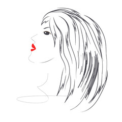 Girl, image, profile portrait, head, strokes, brushstroke, red lips - drawing, art - vector
