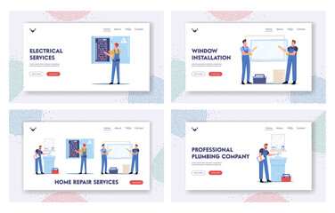 Home Repair Services Landing Page Template Set. Handyman Fixing Sink in Bathroom, Workers Characters Install Window