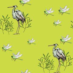 vector illustration seamless pattern,large gray stork,small green dragonfly,green grass on a light green background,for wallpaper,fabric or 