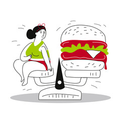 The woman and the hamburger are weighed on a scale. Cartoon simple illustration isolated on white background.