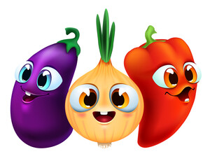 funny cartoon onion, eggplant and red pepper on white background. cute vegetables with big eyes. vector illustration