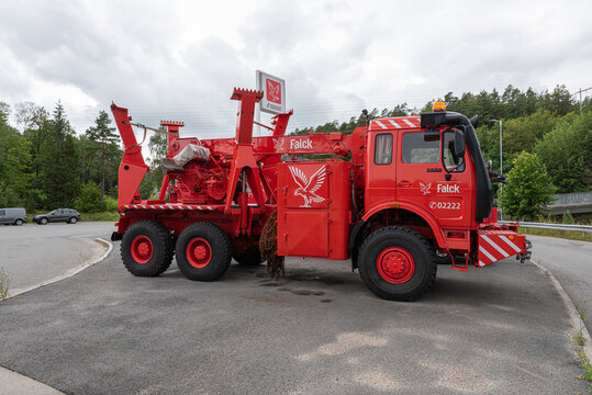 Arendal, Norway - August 01 2021: Falck road assistance vehicle at Harebakken.