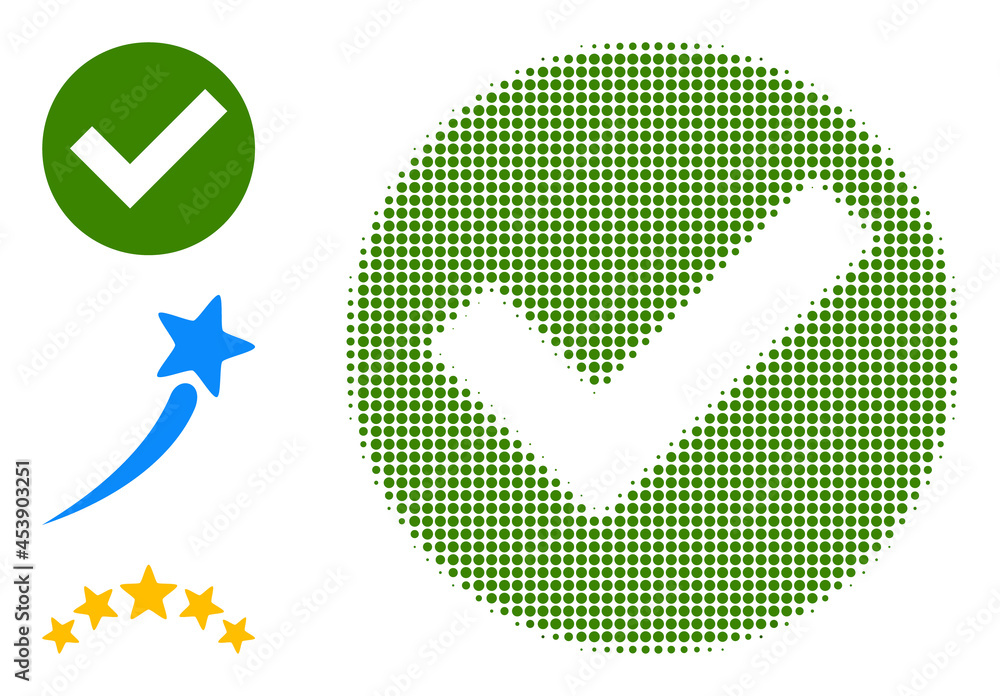 Poster halftone yes mark. dotted yes mark made with small circle pixels. vector illustration of yes mark ic