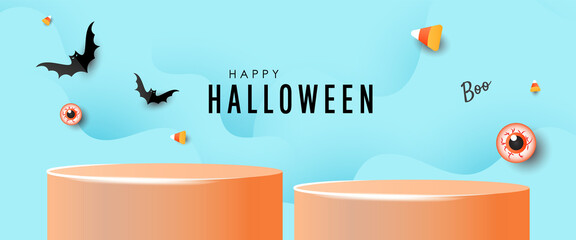 Halloween podium banner or party invitation background with candy, spider and flying bats. Design template for advertising, web, social media.
